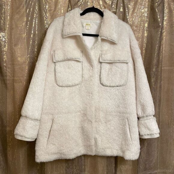 Anthropologie Maeve Cinched Soft Faux Fur Winter Coat Ivory Size 1X - Picture 1 of 14